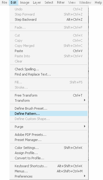 Перейдите в меню Edit - define pattern (Редактирование - Определить текстуру/узор).